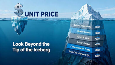 Infographic comparing the initial unit price of a CNC machined part against the hidden costs of Total Cost of Ownership (TCO), like rework and delays.