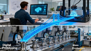  Diagram illustrating the seamless workflow from digital CAD design and 3D printing prototypes to mass production with CNC machining.