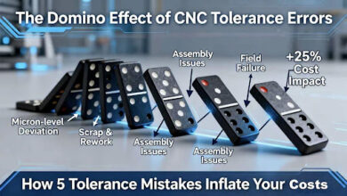 Diagram showing domino effect of CNC tolerance errors from micron deviation to 25% cost increase