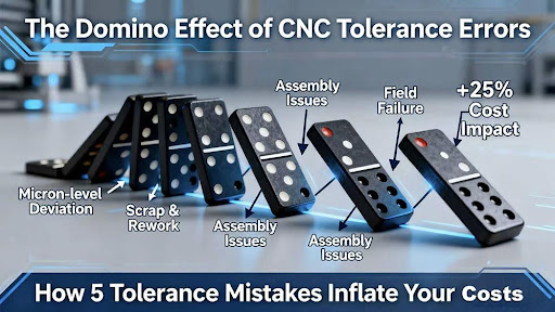 Diagram showing domino effect of CNC tolerance errors from micron deviation to 25% cost increase