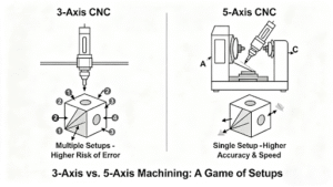  Diagram illustrating the movement and setup advantages of a 5-axis CNC machine compared to a 3-axis machine for complex parts.