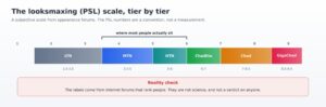 The looksmaxing scale, tier by tier. The bracket marks where most people actually fall.